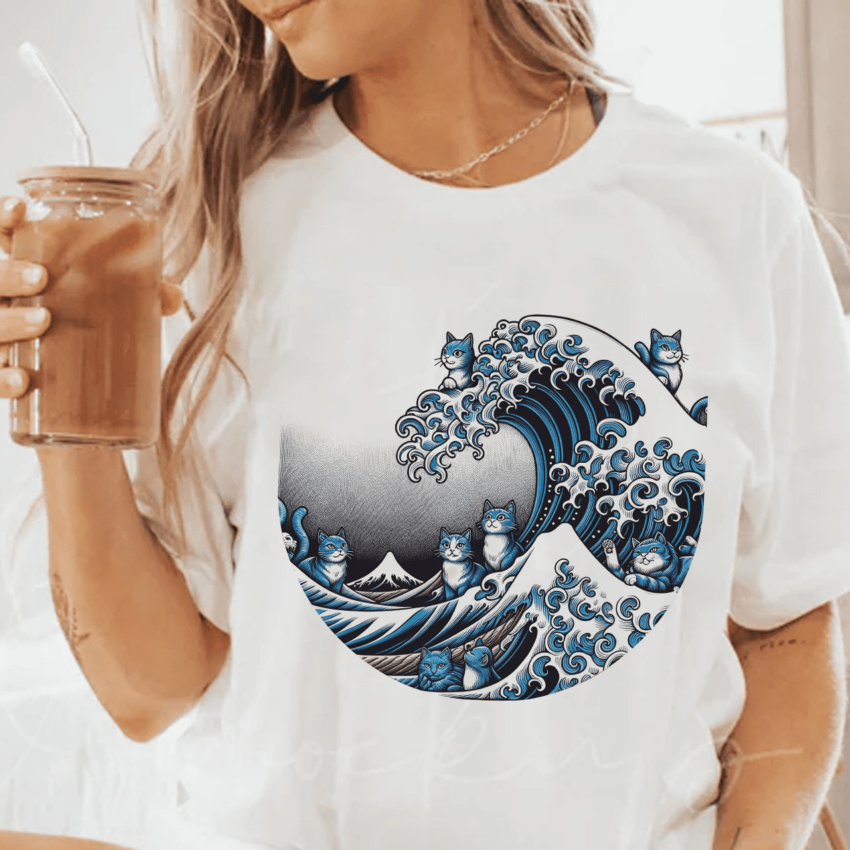 Blue Wave Cat for HarrisWalz T-Shirt, Artistic Cat Lover Tee