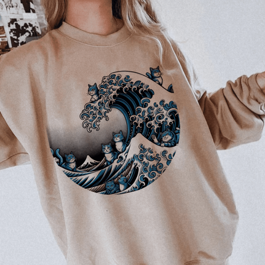 Blue Wave Cat for HarrisWalz T-Shirt, Artistic Cat Lover Tee